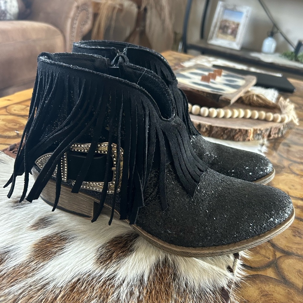Black Fringe Ankle Boots Western Booties